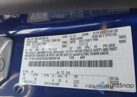 2016 Ford Escape Se из США, поврежденный, VIN 1FMCU9GX5GUB50516